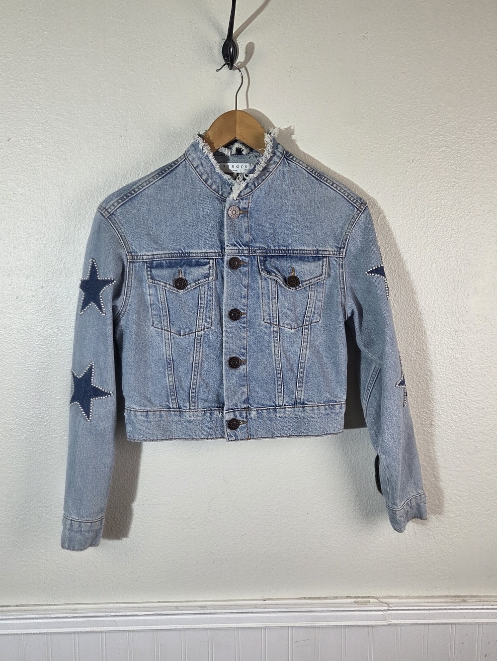 Sandro Paris Cropped Denim Jacket Size 1 Small Star Embellished Frayed Collar